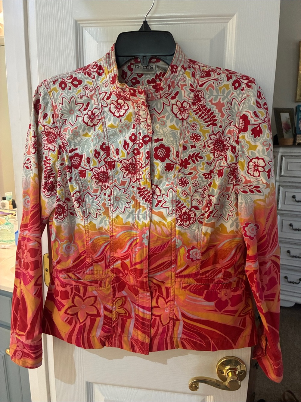Chico's Colorful Floral Ombré Retro Print Jacket SZ 0/S Orange Pink Red